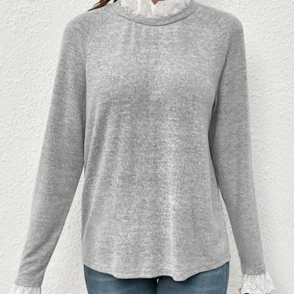 SHEIN EYLET EMBROIDERY TRIM RAGLAN SLEEVE SHIRT SIZE L 8/10 NWT - Picture 3 of 3